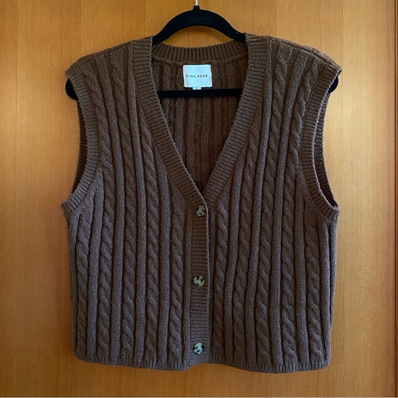 NWOT pink rose brown button sweater vest - Picture 1 of 5